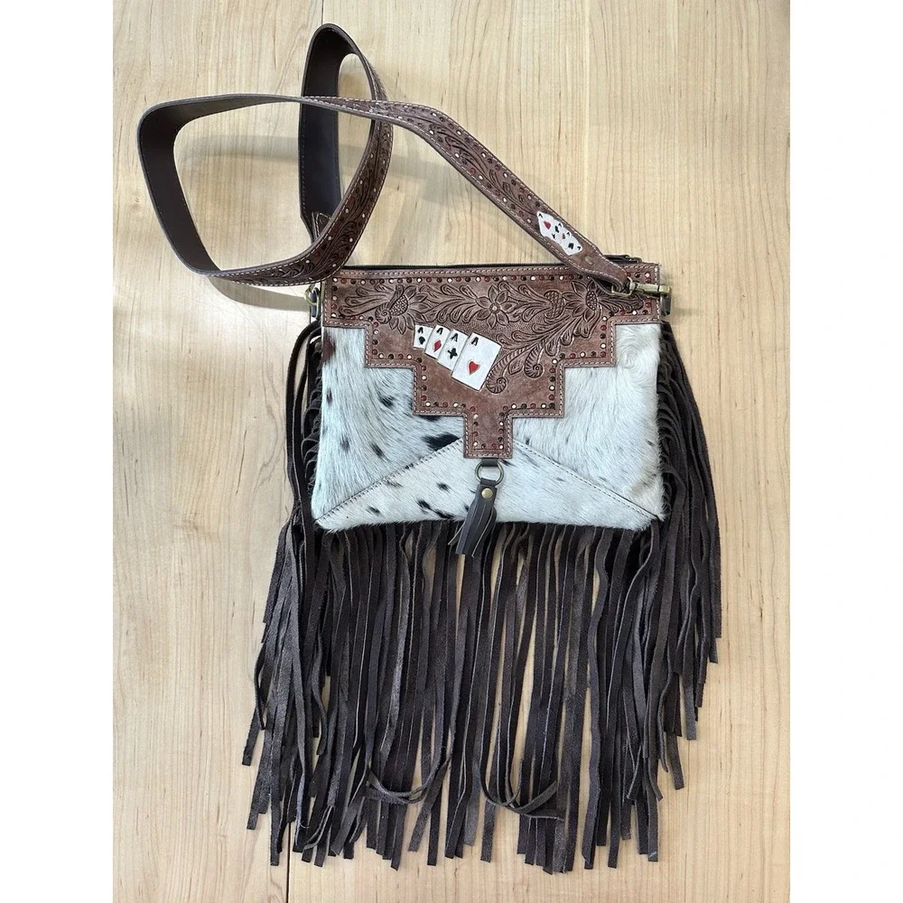 Poker Cards Las Vegas Western Cowhide FRINGE LEATHER BAG Tassel vintage Hippie